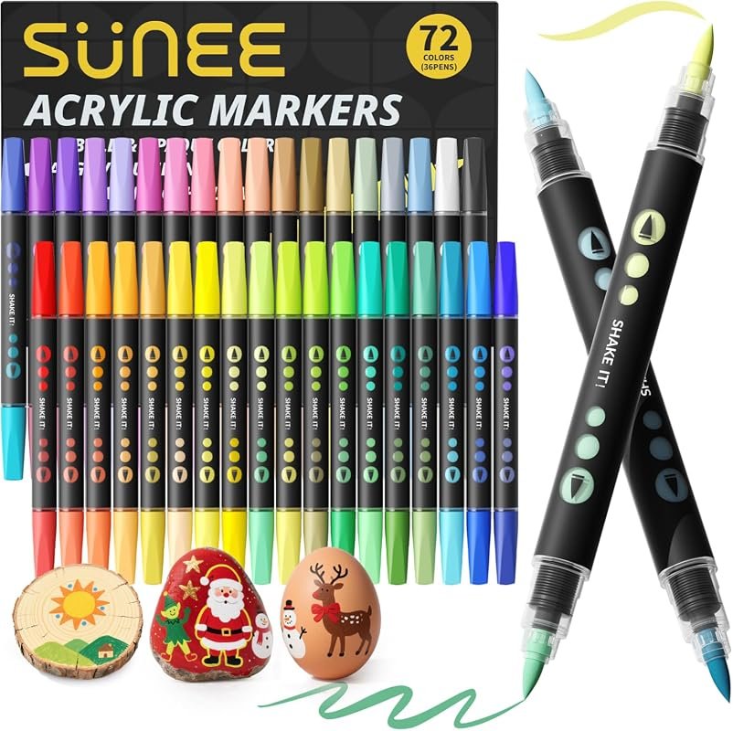 SUNEE 72-Color Acrylic Paint Markers Set with 36 Brush Tip Pens and Automatic Ink Control