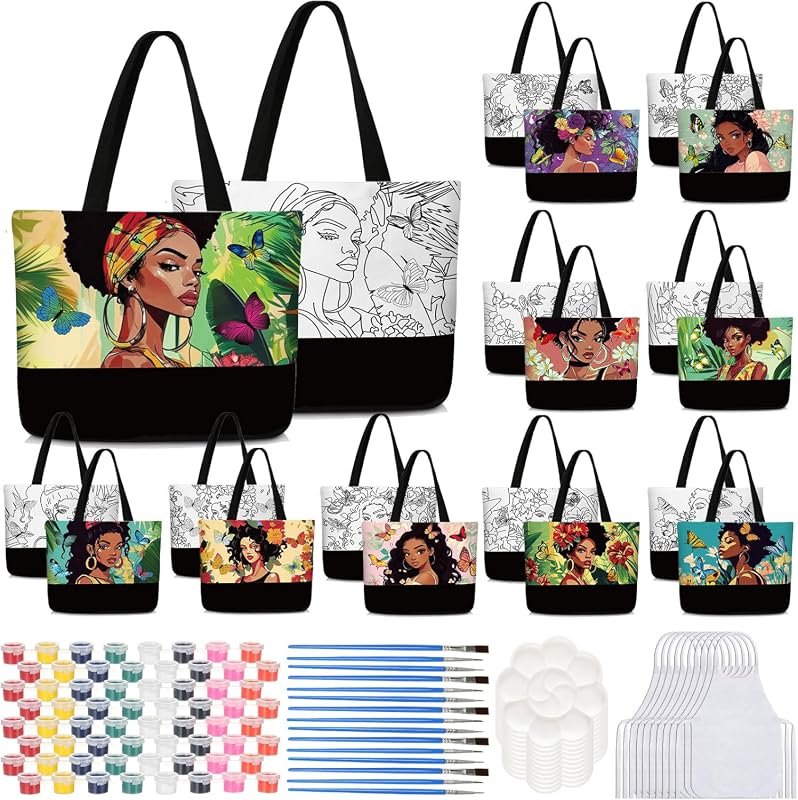 Locmeo 10-Set Paint and Sip Canvas Bags Pre-Drawn Kit for Afro Queen -