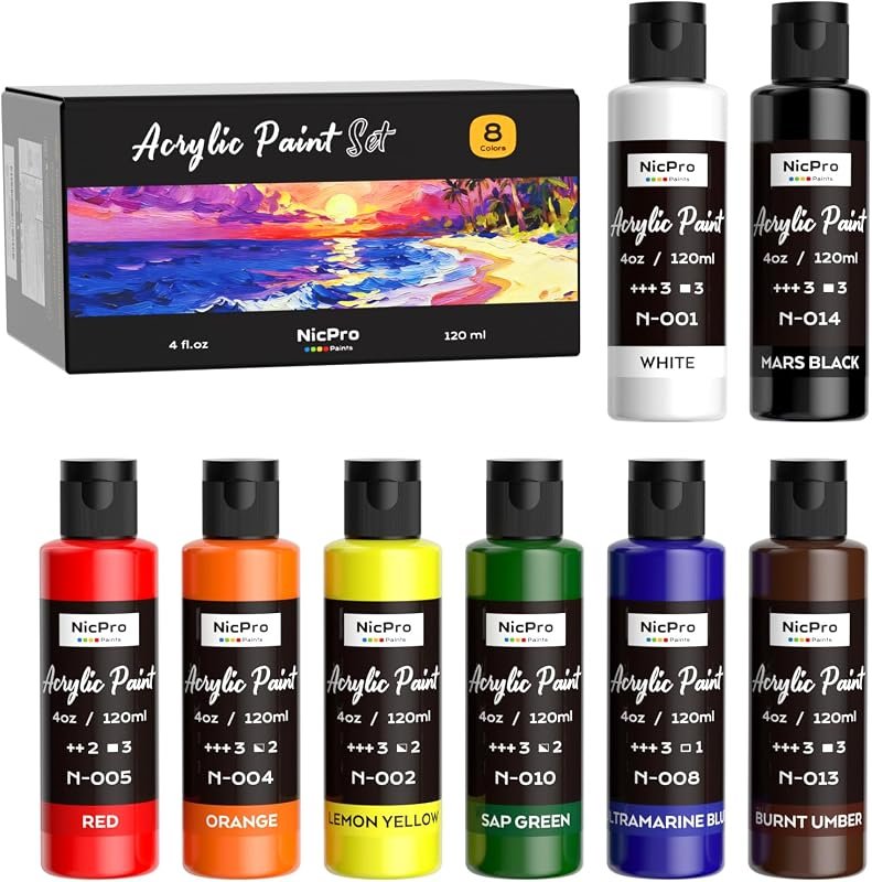 Nicpro 8 Primary Colors Acrylic Paint Set with 4 oz Tubes, Rich Pigment for Artists and Beginners