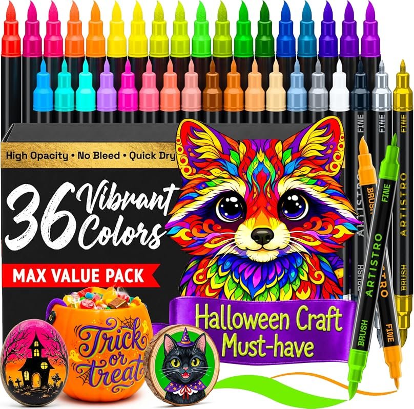 ARTISTRO 36-Color Multicolor Dual-Tip Acrylic Paint Marker Pens for Drawing