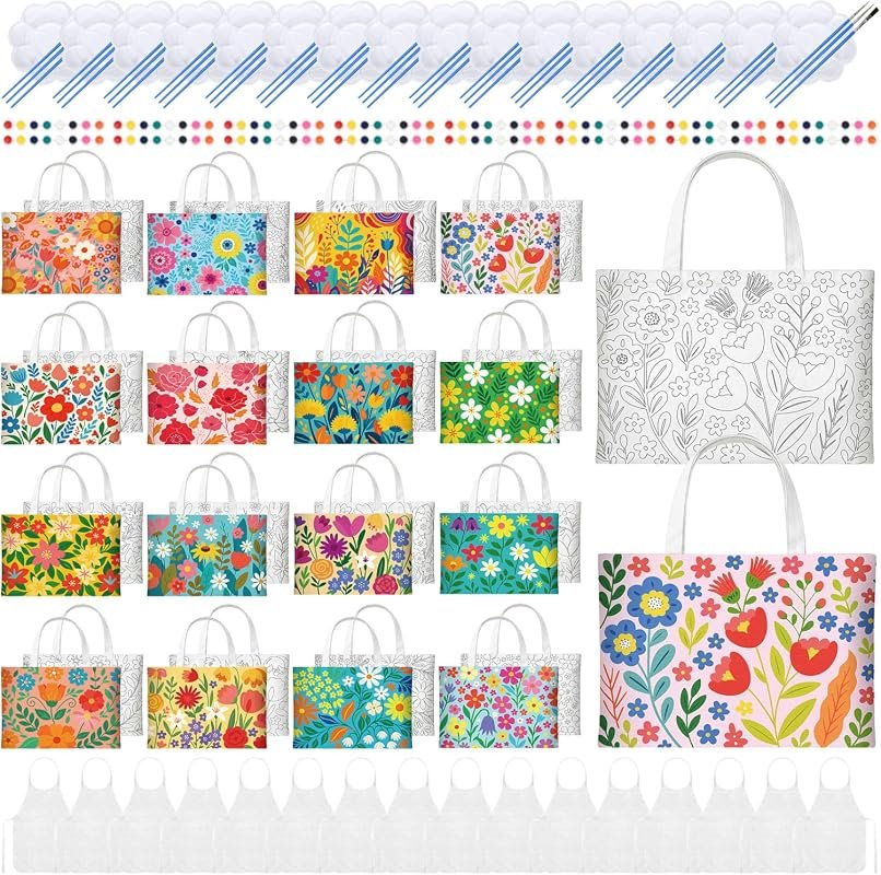 PATERR 80-Pcs Pre-Drawn Canvas Bags Set Paint and Sip Kit for Adults, Flower Design