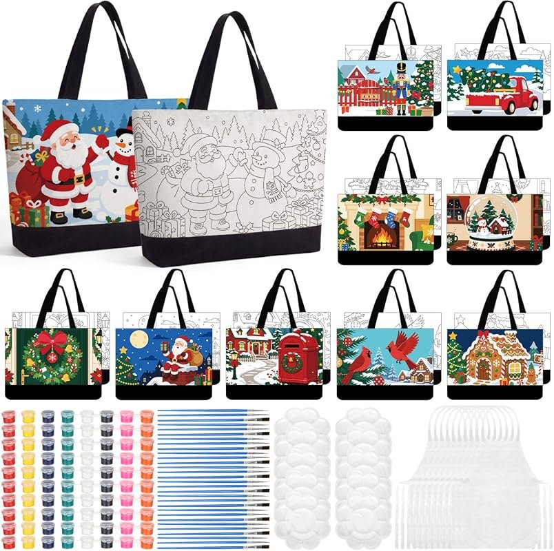 Locmeo 10-Set Paint and Sip Canvas Bags Pre-Drawn Kit for Christmas -
